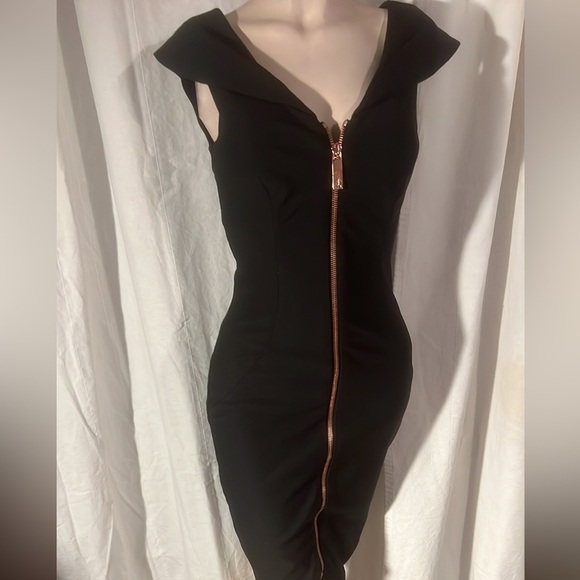 Ted Baker Cap Sleeve Ravana Front-Zip Cocktail Midi Sheath Dress Black Womens 4 - Picture 5 of 11